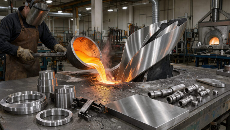 Atelier de fonderie d’art où des éléments en acier inoxydable et une sculpture contemporaine prennent forme sous une lumière industrielle chaleureuse.