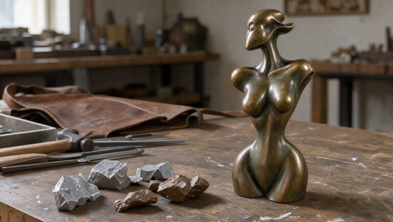 Sculpture en bronze présentée avec des échantillons métalliques illustrant le rôle de l’antimoine dans les alliages.