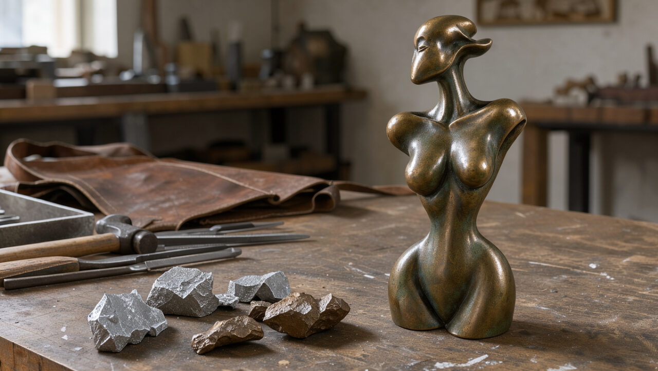 Sculpture en bronze présentée avec des échantillons métalliques illustrant le rôle de l’antimoine dans les alliages.