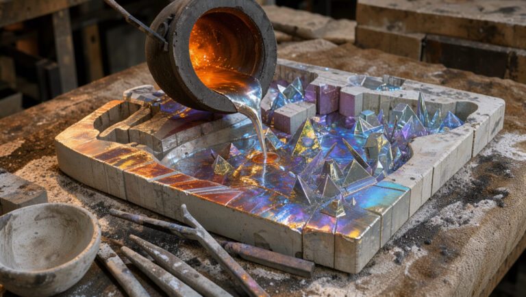 Bismuth en fusion se cristallisant dans un moule de sculpture, avec des reflets irisés bleus, violets, dorés et argentés dans une fonderie d’art.