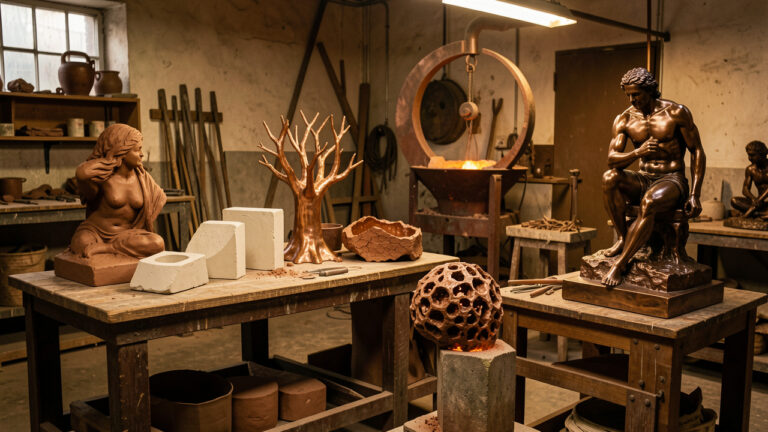 Atelier de fonderie d’art présentant les étapes de création d’une sculpture en bronze, du modèle en argile au moulage et à la pièce finie.
