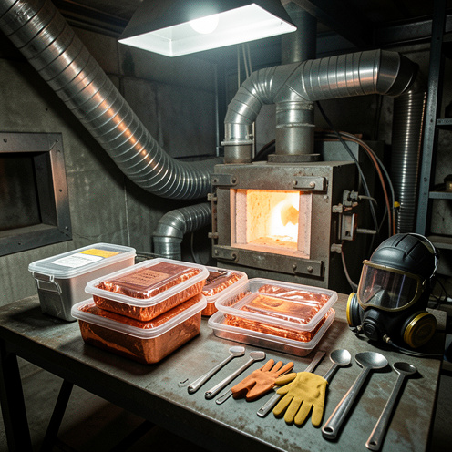 Poste de travail industriel en fonderie avec four de fusion, contenants métalliques scellés, équipements de protection et système de ventilation.
