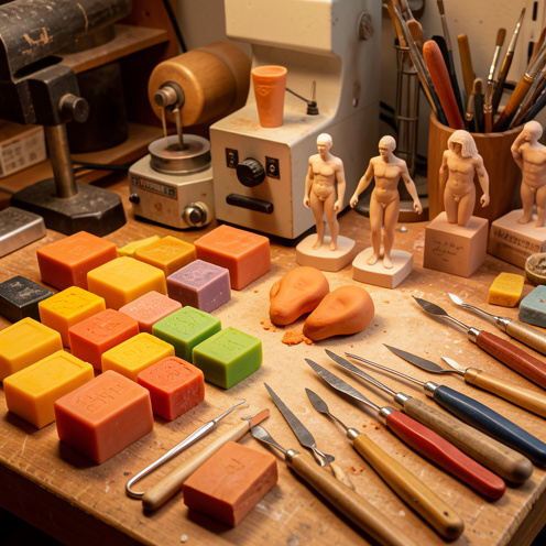 Atelier de sculpture présentant différents blocs de cire, des outils de modelage et de petites formes sculptées illustrant plusieurs techniques.