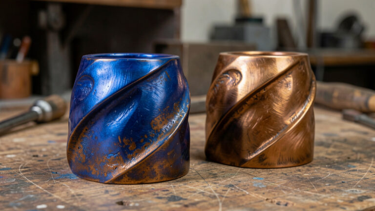 Détail de surfaces sculpturales en cobalt bleu et bronze chaud, présentant des patines et des textures variées issues de la fonderie d’art.