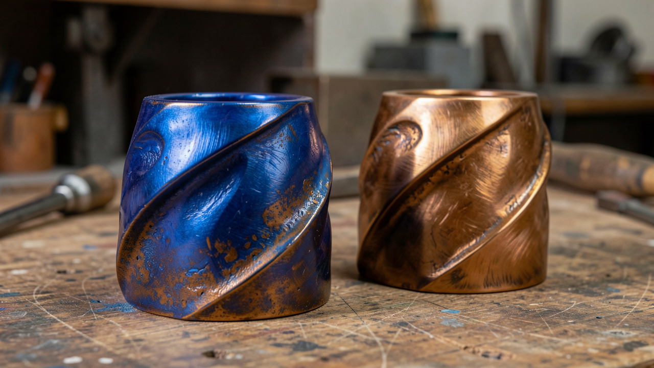 Détail de surfaces sculpturales en cobalt bleu et bronze chaud, présentant des patines et des textures variées issues de la fonderie d’art.