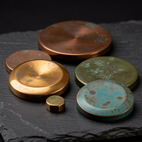 Échantillons de bronze présentant différentes nuances brunes, dorées, cuivrées et vert-de-gris, avec des surfaces polies, brossées et patinées.