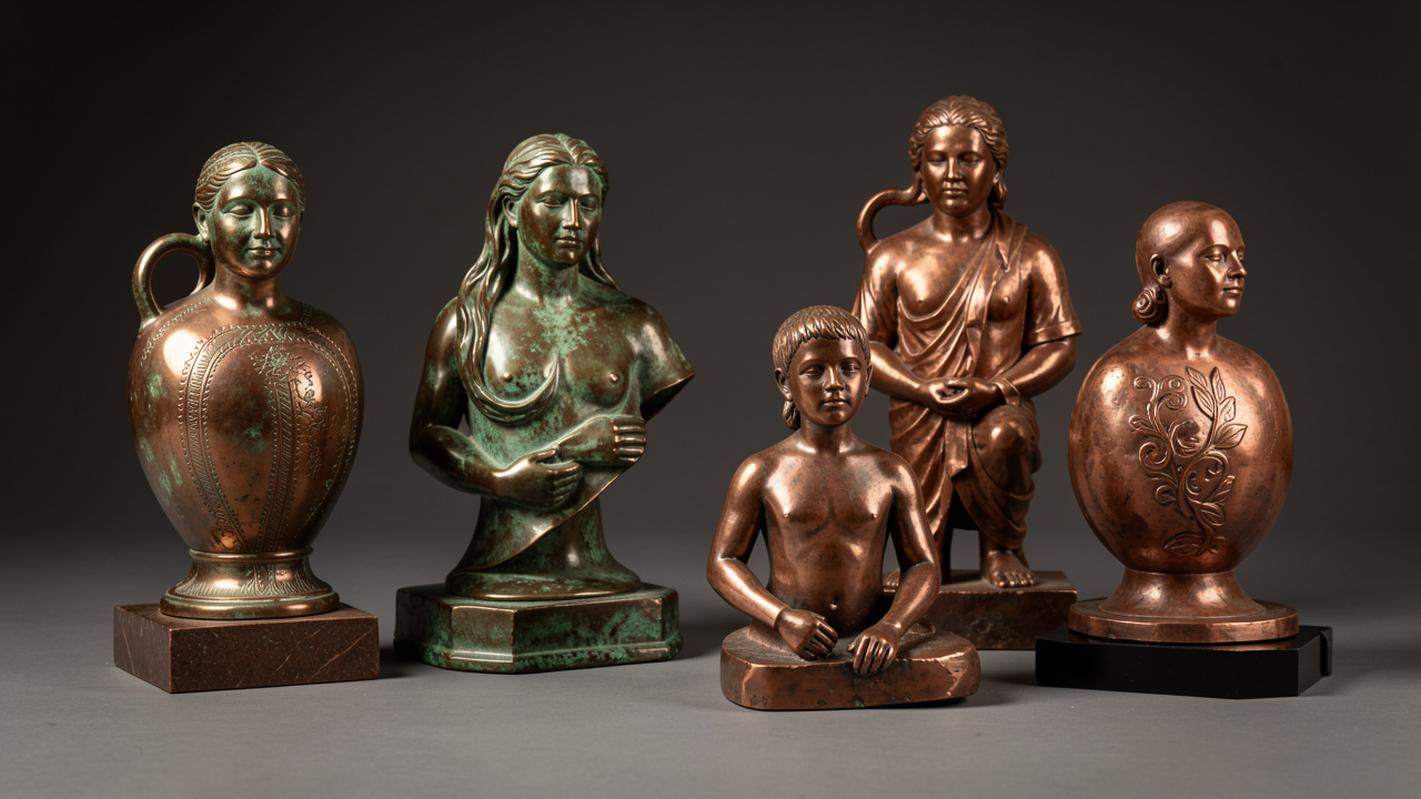 Ensemble de sculptures en cuivre et en bronze présentant différentes teintes d’alliage, patines vertes et brunes, détails ciselés et textures de fabrication artisanale.