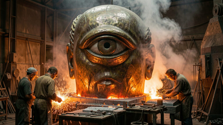Sculptures monumentales de cyclopes en bronze dans une fonderie artisanale, éclairées par la lueur d’un four et entourées de moules, d’outils et d’étincelles.