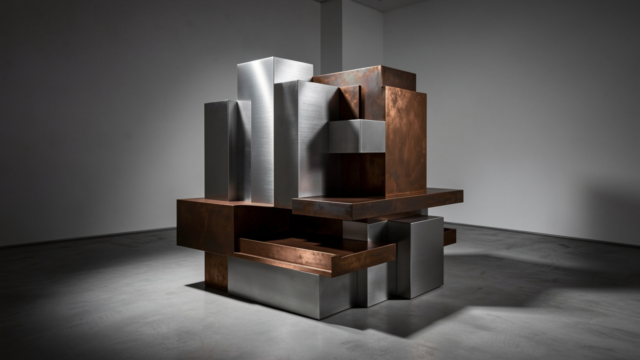 Composition sculpturale audacieuse en métal brossé, bronze oxydé et formes géométriques dans une galerie contemporaine minimaliste.