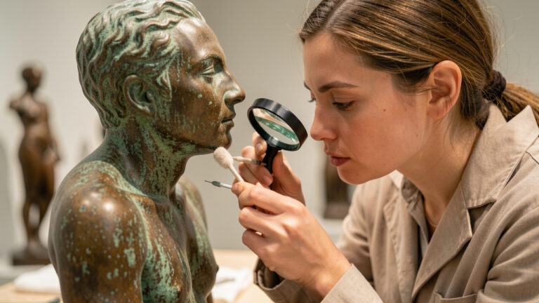 Une conservatrice examine attentivement la patine vieillie d’une sculpture en bronze avant son entretien.