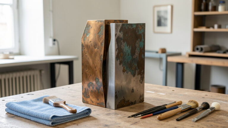 Sculpture contemporaine en métal associant bronze, acier brossé et patines, entourée d’outils doux utilisés pour son entretien dans un atelier de conservation.