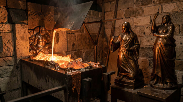 Étain en fusion versé dans un moule de sculpture en bronze au sein d’une fonderie d’art, éclairée par une lumière chaleureuse.