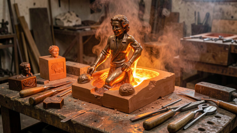 Atelier de fonderie traditionnel avec une sculpture en bronze en cours de création, du métal incandescent, un moule en céramique et des outils d’artisan.