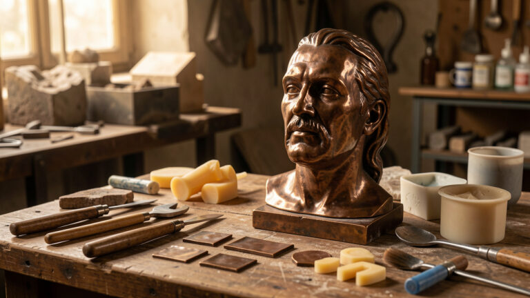Sculpture en bronze accompagnée d’outils de restauration et d’échantillons de finitions dans un atelier de fonderie d’art.