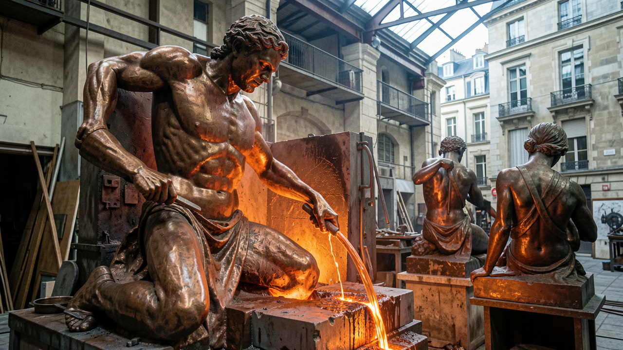 Statue monumentale en bronze en cours de fabrication dans une fonderie d’art, entourée de moules, d’outils et de pièces métalliques patinées.