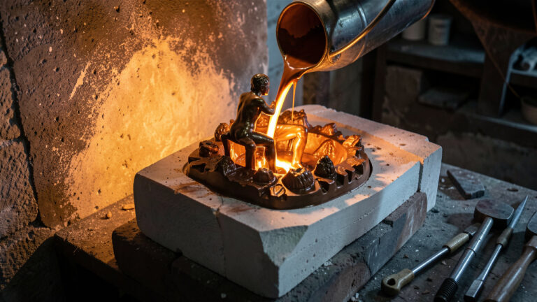 Atelier de fonderie d’art où du bronze en fusion est coulé dans un moule pour créer une sculpture.