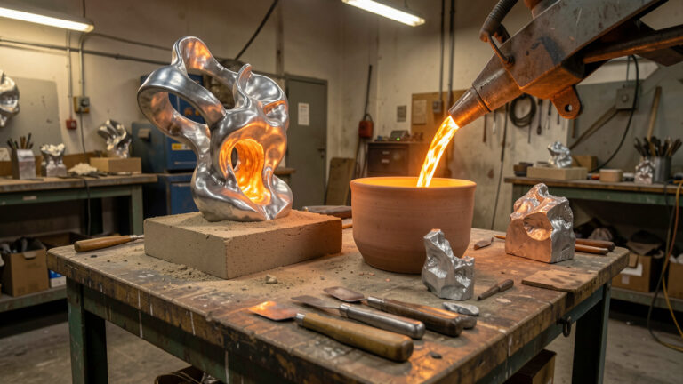 Atelier de fonderie d’art montrant une sculpture en aluminium en cours de moulage, avec un creuset, des outils et des formes métalliques sous une lumière industrielle chaleureuse.