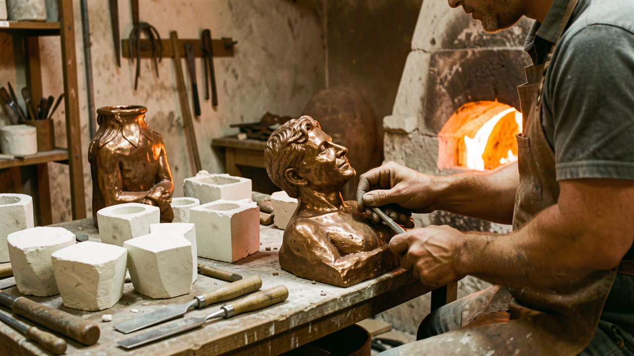 Atelier de fonderie d’art où un sculpteur apprend les étapes de création d’une sculpture en bronze parmi des moules, des outils et un creuset incandescent.