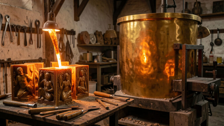 Sculpture en laiton doré entourée de moules en cire et d’outils dans un atelier de fonderie d’art.