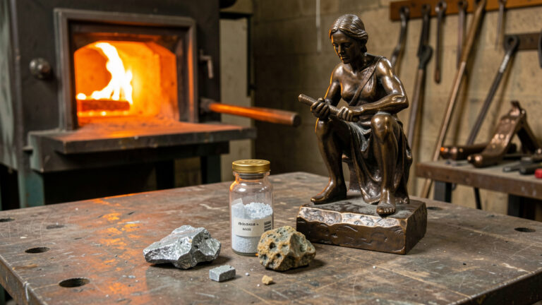Sculpture en bronze accompagnée d’un petit flacon scellé de lithium et d’échantillons minéraux sur un établi de fonderie d’art.