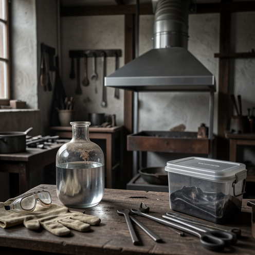 Atelier métallurgique historique présentant un récipient scellé contenant du mercure, לצד d’un système moderne d’aspiration, de gants, de lunettes et d’outils de protection.