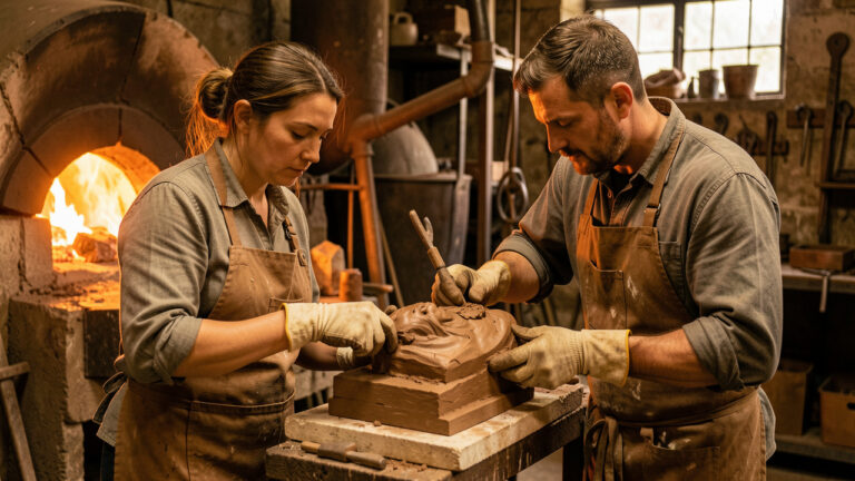 Une artisane et un apprenti travaillent sur un moule de sculpture près d’un four de fonderie en bronze.