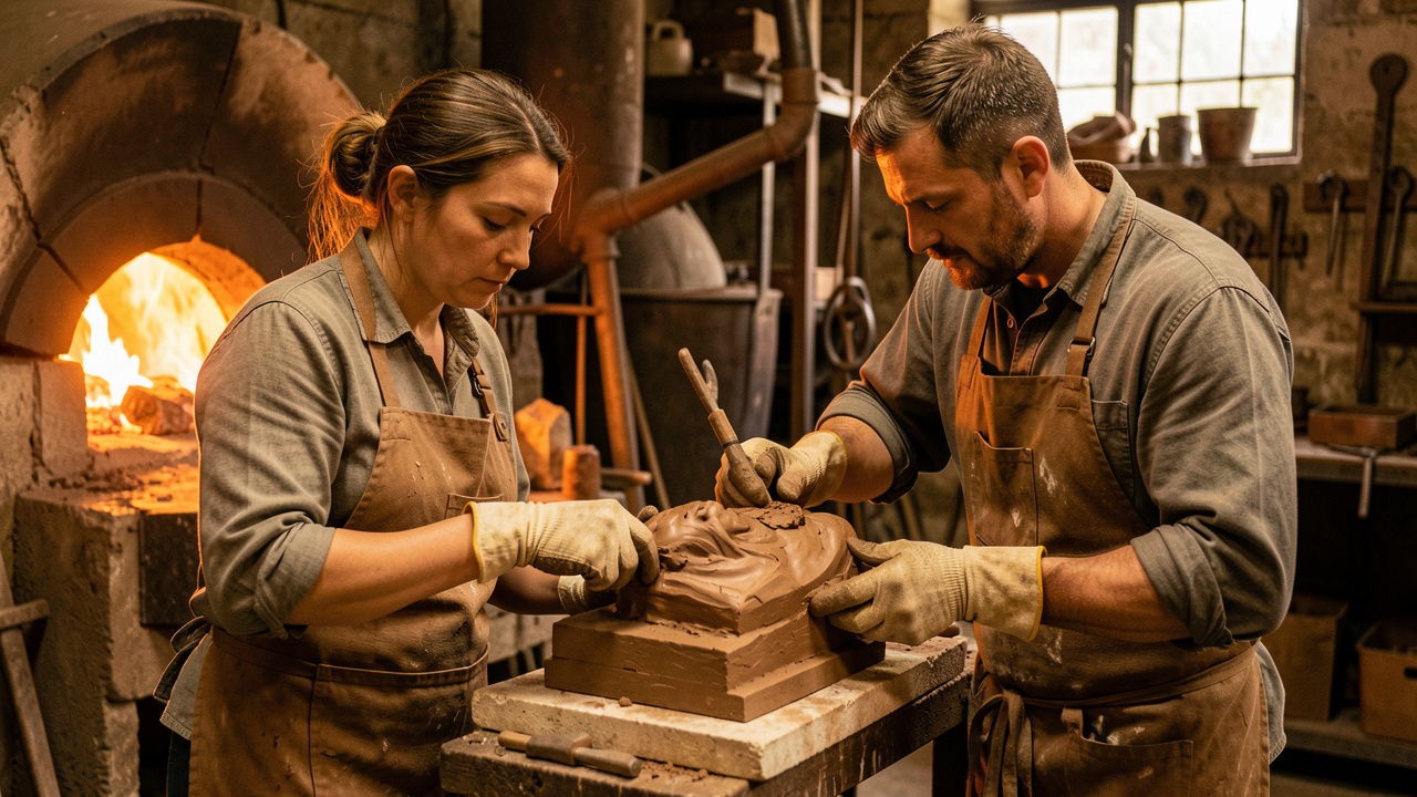Une artisane et un apprenti travaillent sur un moule de sculpture près d’un four de fonderie en bronze.