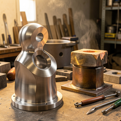 Sculpture en nickel et éléments moulés présentant des finitions polies, brossées et patinées dans un atelier de fonderie d’art.