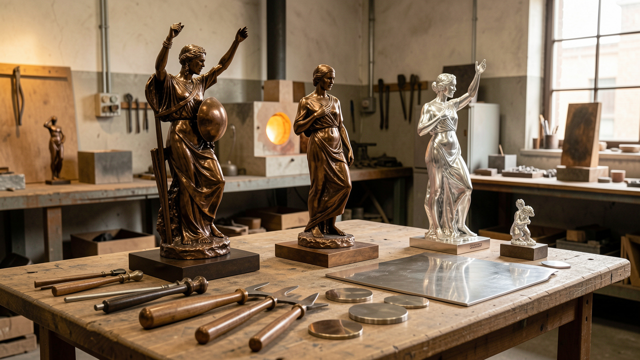 Sculptures en platine et en bronze présentées dans un atelier de fonderie d’art, éclairées par une lumière chaleureuse.