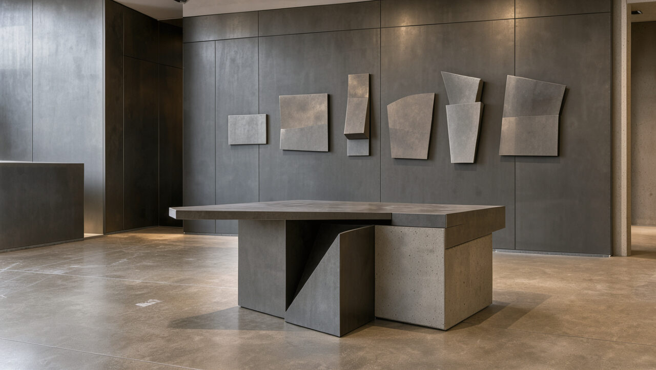 Intérieur contemporain et sculptural intégrant des éléments décoratifs en métal gris plomb, des formes géométriques et une lumière naturelle douce.