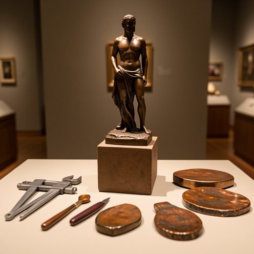 Sculpture en bronze présentée sur un socle, entourée d’outils de mesure et d’échantillons de patines illustrant les critères d’évaluation.