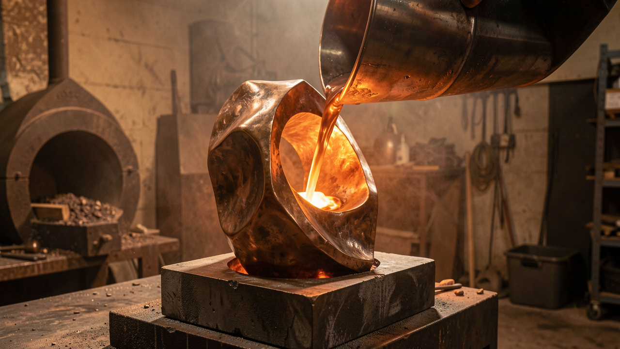 Sculpture contemporaine en bronze en cours de création dans une fonderie d’art, éclairée par une lumière chaude et révélant les textures du métal et du moule.