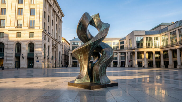 Sculpture monumentale contemporaine en bronze aux formes organiques, installée sur une vaste place et créant une expérience artistique immersive.