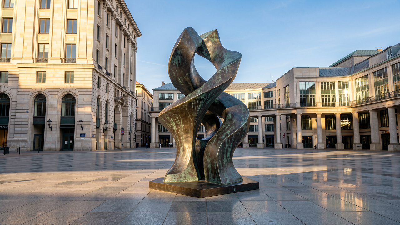 Sculpture monumentale contemporaine en bronze aux formes organiques, installée sur une vaste place et créant une expérience artistique immersive.