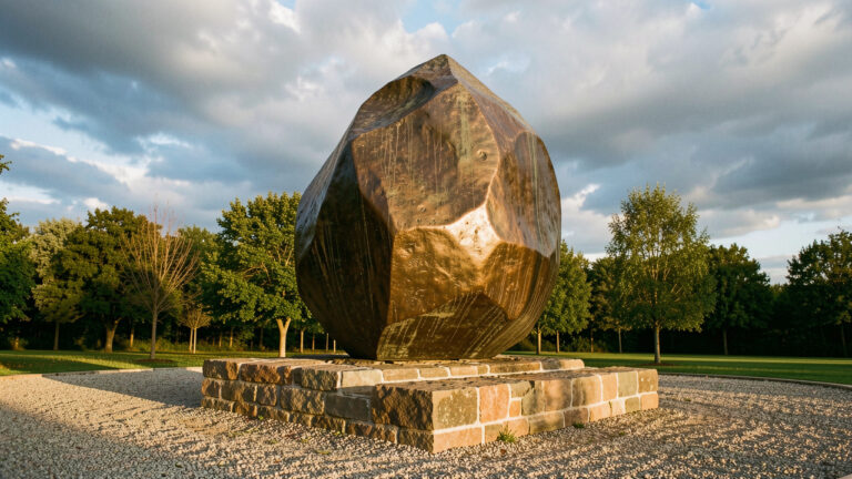 Sculpture monumentale en bronze intégrée à une base de pierre dans un paysage naturel, éclairée par une lumière chaude.