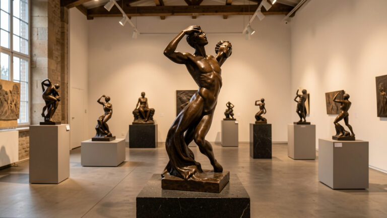 Sculpture contemporaine en bronze présentée sur un socle en pierre dans une galerie de fonderie d’art, entourée d’autres œuvres en bronze.
