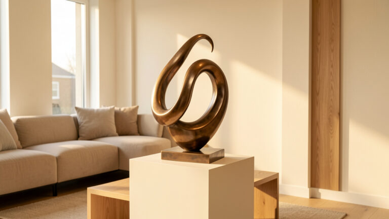 Sculpture en bronze aux courbes élégantes présentée sur un socle dans un intérieur contemporain lumineux et raffiné.