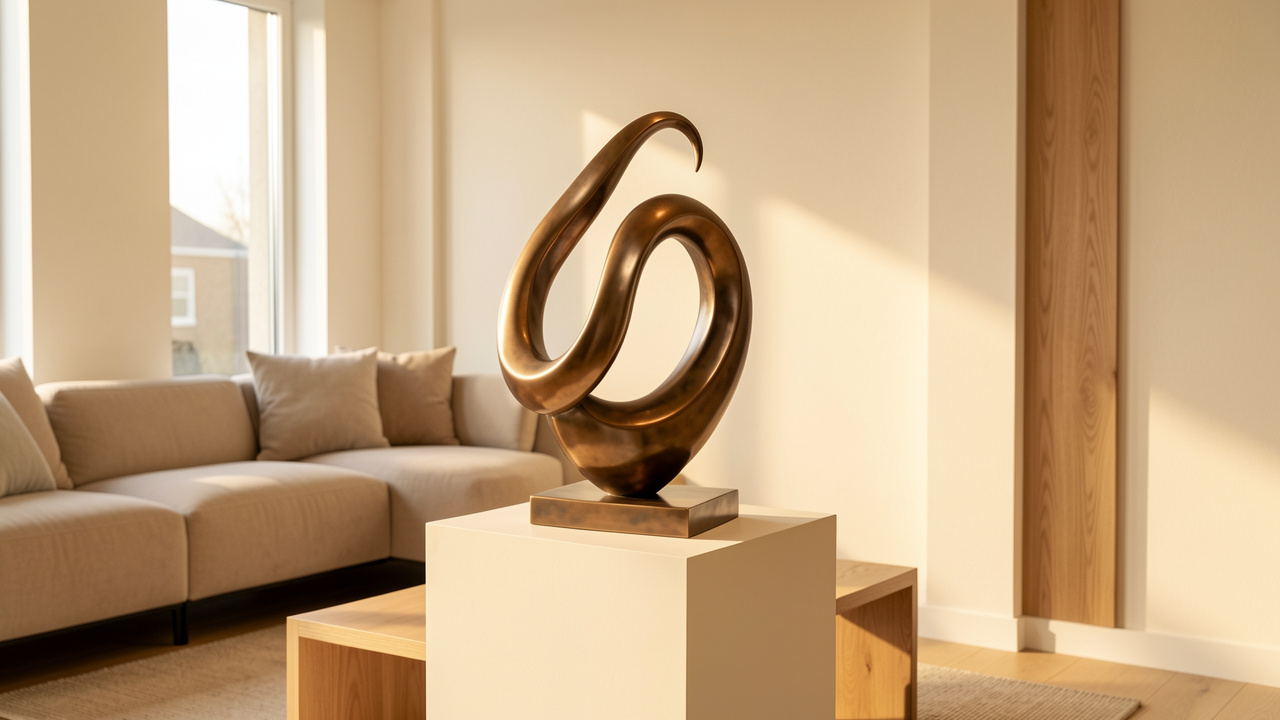 Sculpture en bronze aux courbes élégantes présentée sur un socle dans un intérieur contemporain lumineux et raffiné.
