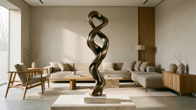 Sculpture d’art abstraite en bronze servant de point focal dans un salon à la décoration contemporaine.