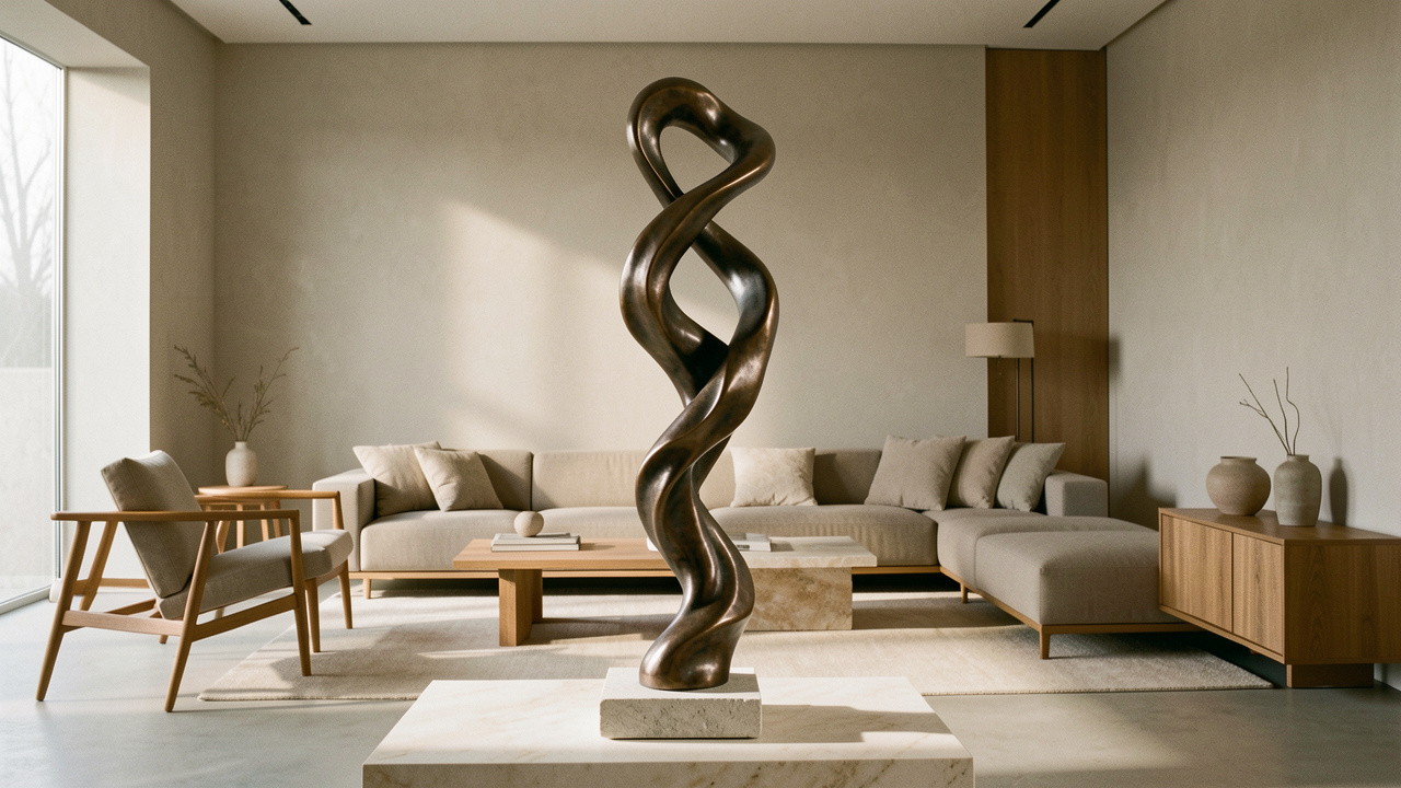 Sculpture d’art abstraite en bronze servant de point focal dans un salon à la décoration contemporaine.