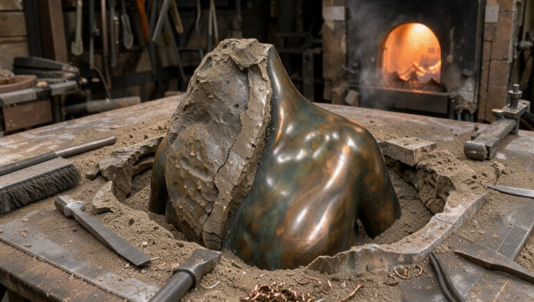 Sculpture en bronze présentant différentes finitions, entre texture brute, surface polie et patine sombre, dans un atelier de fonderie d’art.