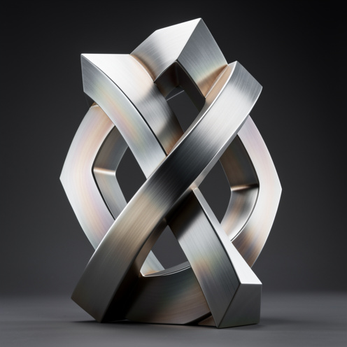 Sculpture métallique abstraite composée de formes géométriques imbriquées, combinant chrome poli, alliages brossés et différentes finitions industrielles.
