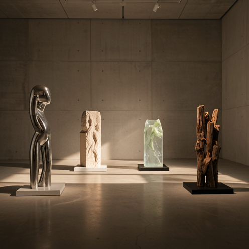 Ensemble de sculptures contemporaines en métal, pierre, résine et bois exposées dans une galerie minimaliste lumineuse.