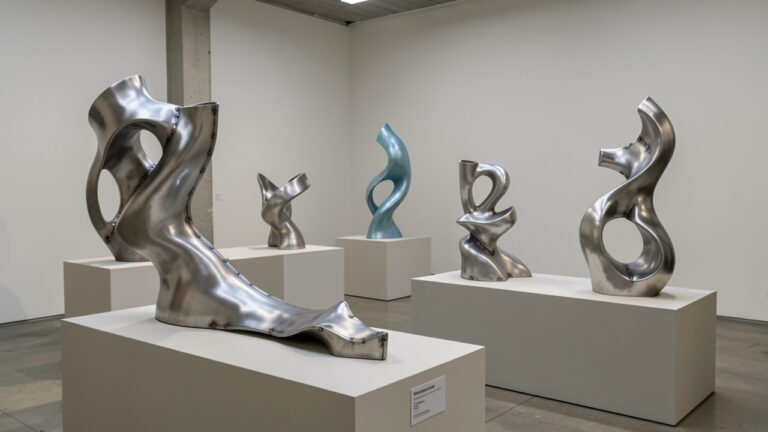 Collection de sculptures contemporaines en titane aux formes fluides, présentées sur des socles dans une galerie de fonderie d’art minimaliste.