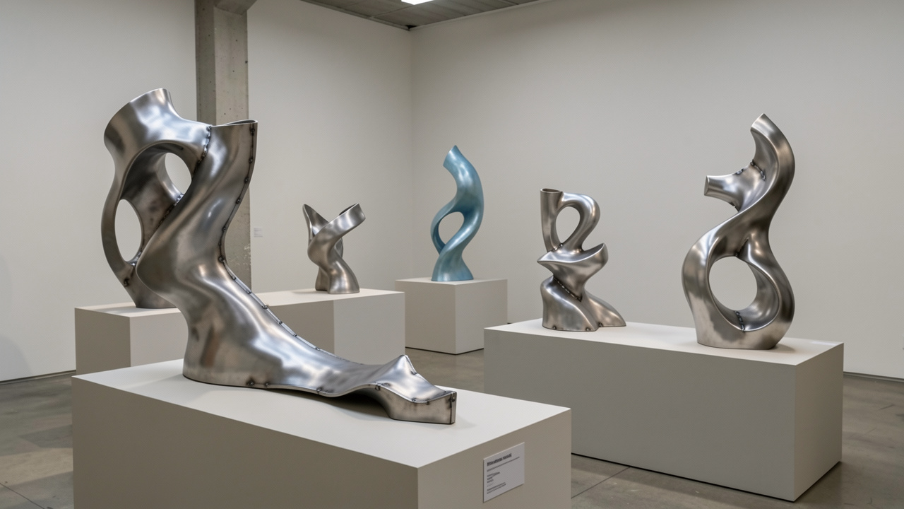 Collection de sculptures contemporaines en titane aux formes fluides, présentées sur des socles dans une galerie de fonderie d’art minimaliste.