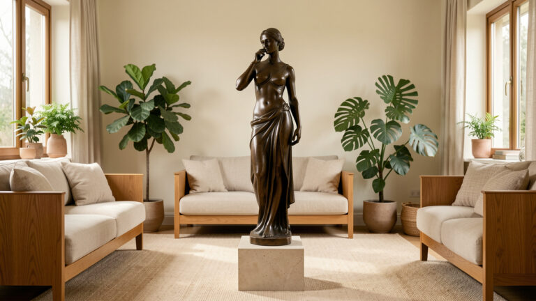 Statue féminine en bronze posée sur un socle en pierre dans un salon élégant aux tons naturels, avec mobilier en bois, textiles clairs et plantes vertes.
