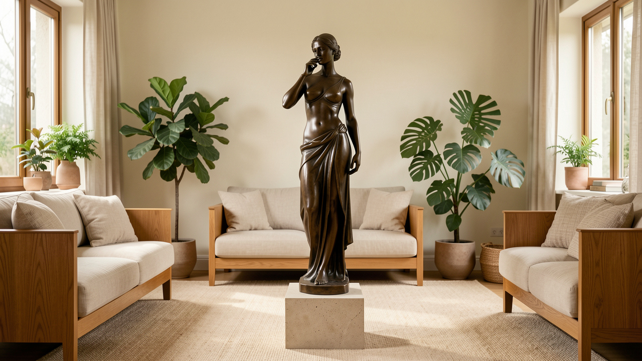 Statue féminine en bronze posée sur un socle en pierre dans un salon élégant aux tons naturels, avec mobilier en bois, textiles clairs et plantes vertes.