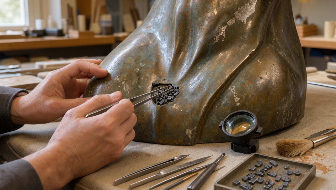 Détails d’une sculpture en bronze ancienne en cours de restauration avec des éléments métalliques en tantale et des outils de conservation.