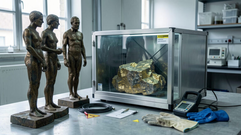 Sculptures métalliques anciennes et échantillon minéral confiné dans un espace de conservation équipé pour l’évaluation des risques.