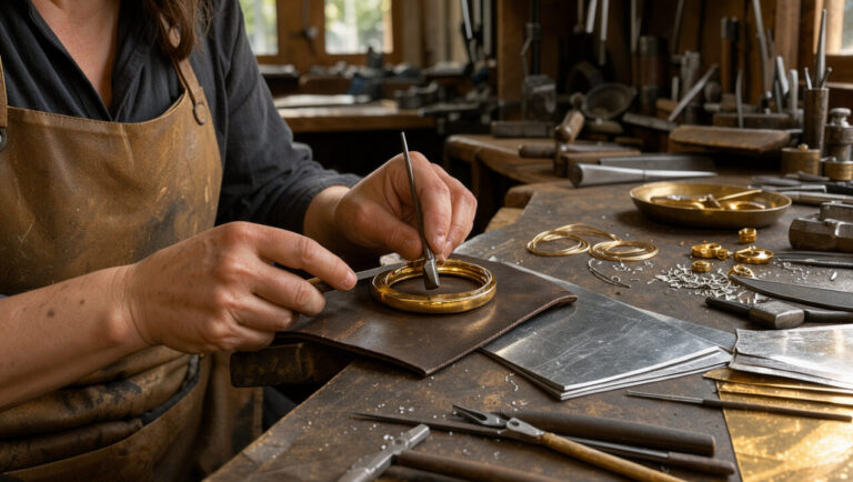 Artisane façonnant délicatement une pièce en vermeil dans un atelier de métallurgie aux reflets dorés.